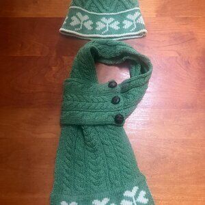 Irish Merino Wool Beanie and Scarf Set, Green with Shamrocks by Saol